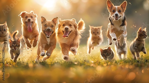 group of pets two cats and a couple of dogs walking on the grass in a sunny summer meadow