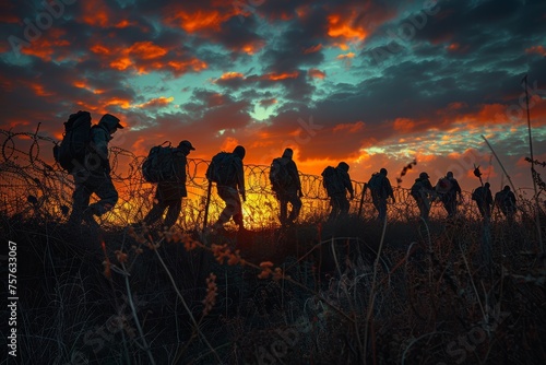 Sunset border scene: silhouette of illegal immigrants walking by barbed wire fence.