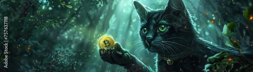 A whimsical cat clutching a glowing Bitcoin eyes shimmering with devotion and fierce protection