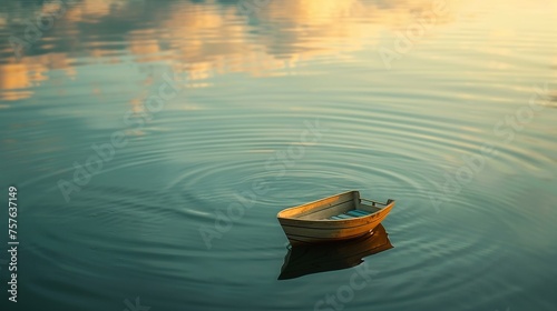Amidst the calm waters of a pristine lake a simple wooden toy boat sails under the soft light of dawn