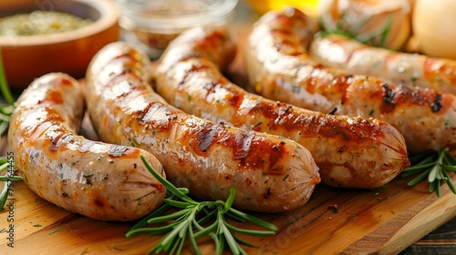 Delicious barbecue dinner with grilled sausages on table, clean and tidy scene in realistic style