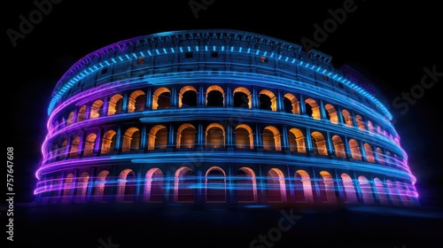 Glowing blue and purple amphitheater at night isolated on black background