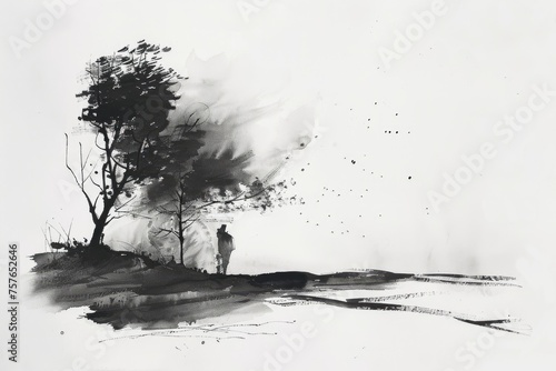 A minimalist black and white ink wash painting inspired by traditional East Asian art