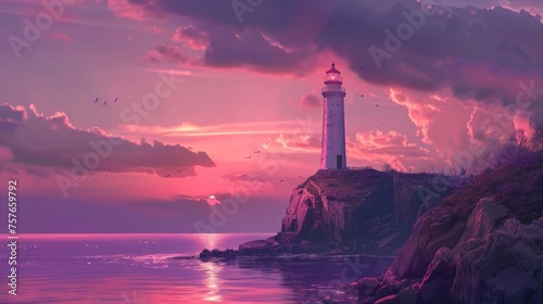 Pink and Purple Sunset at Coastal Lighthouse.