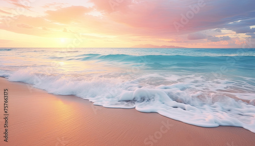 Calm and paradisiacal Caribbean beach during sunset. Sunny sea shore with foamy water and waves. Beautiful and serene beach in soft pastel pink and turquoise tones. Summertime and traveling concept.