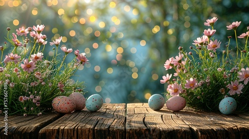 Wooden table with easter or spring theme blurred background , eggs and colorful flowers with copy space