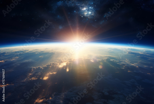 Earth is visible from space, its spiritual resonance, sunrays shining upon it, y2k aesthetic, post-apocalyptic themes, and romantic atmosphere apparent.