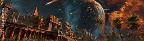 Comet streaking over ancient ruins revealing a hidden mafia underworld