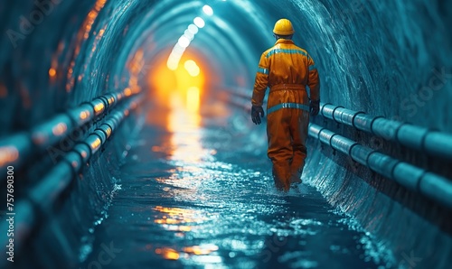 A worker walks in a round tunnel through water.