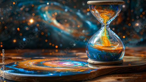 An hourglass with glowing blue sand amidst a magical swirl of cosmic light and dark background