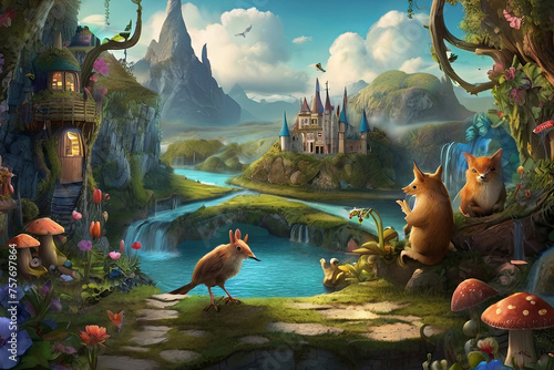 Whimsical fantasy world desktop wallpaper. Enchanting creatures, magical landscapes. Artistic and surreal imagery 
