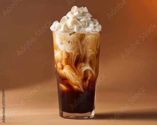 A tall glass of cold brew coffee topped with a swirl of cream