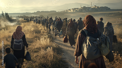 News journalism: refugees with children walking along a road beside fields, dust swirling amidst scorched grass, in the distance, a city with mosque towers, depicting the aftermath of war.