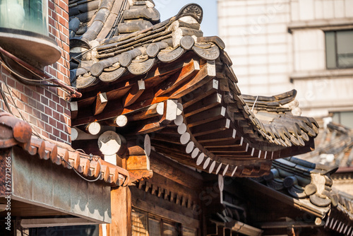 Traditional Korean building architecture of bukchon Hanok Village in Seoul, South Korea