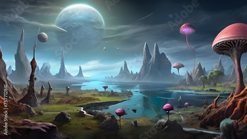 Create an alien planets ecosystem featuring bizarre flora and fauna strange geology and atmosphere