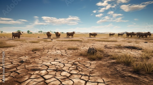 dry ground Cracked patches of cattle, no water to drink, dry grass indicates drought problems