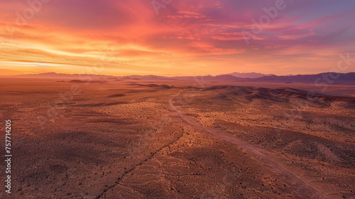 An aerial view of a vast desert at sunset, the landscape bathed in twilight light creating a serene and majestic atmosphere.