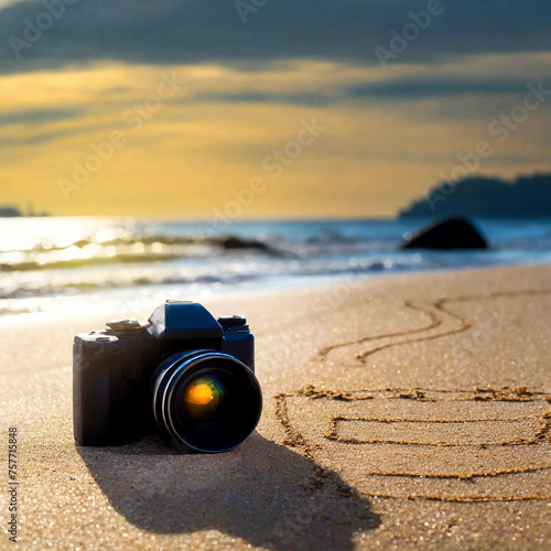 넓은 모래 백사장 위에 놓여진 나의 카메라