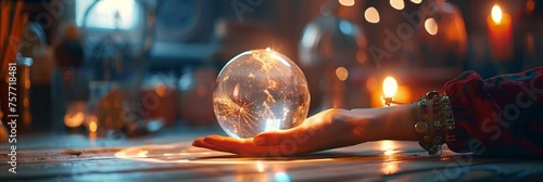 Hand of a fortune teller above a glowing mystical globe focusing on forecasting and divination in an enchanted room