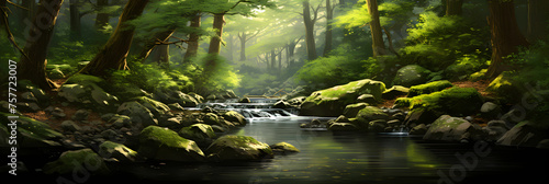 Unspoiled Serenity: A Photograph Capturing a Scenic Forest Creek Bathed in Soft Sunlight