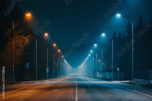 An empty wide road illuminated by street lights at night
