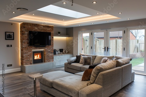 Architectural photography of a modern livingroom. Modern style interior design idea, loft conversion