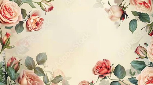 A vintage greeting card with rose flowers and a floral wreath. A flower frame for a flower shop with label designs. A greeting card with a floral background for cosmetic packaging.