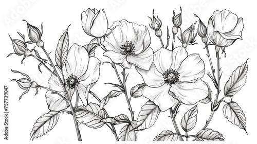 On white backgrounds, wild rose flowers are drawn and sketched with line art.
