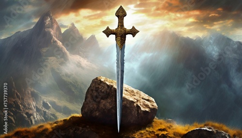 cross in the sky, Sword stuck in a rock like in the Excalibur legend , the mythical sword of king Arthur
