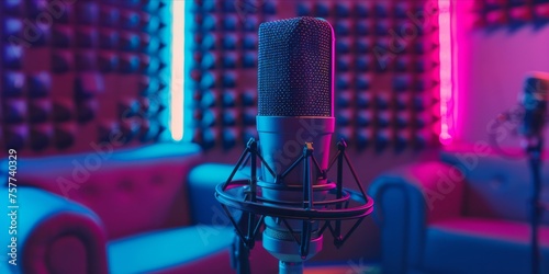 Podcast studio microphone with colorful background.