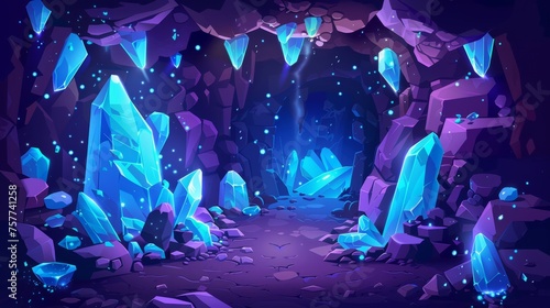 For a UI design for a game or video game, this is a dark cave filled with blue shining gem crystal clusters. I have created a cartoon modern tunnel filled with luminous diamonds. A rocky dungeon mine