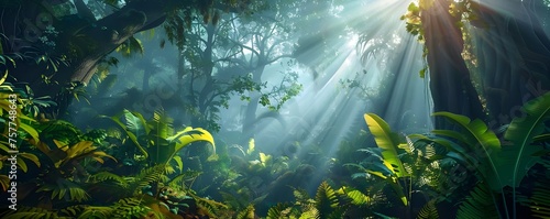 Verdant rainforest teeming with lush plant life natural sunlight Generative AI 