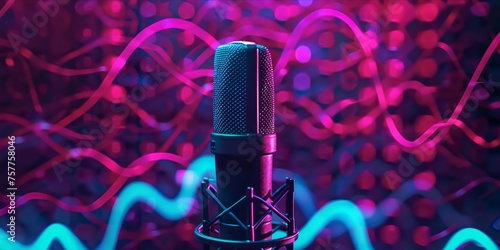 Microphone with digital audio waveform on dynamic background