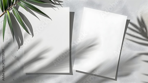 two vertical sheets of textured white paper on soft gray table background. Mockup overlay with the plant shadows. Natural light casts shadows from an exotic plant.