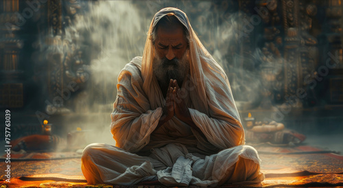 Indian sadhu monk meditating in temple. Religious prayer man. Person sit in lotus pose and pray. Zen yoga practice. Peaceful beauty. Spiritual asana.