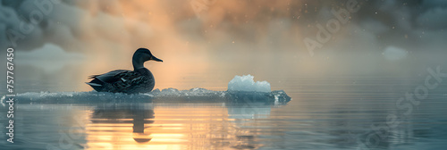 Duck sitting on ice at Jokulsarlon glacier lagoon, Male mallard duck quacking in rippled water