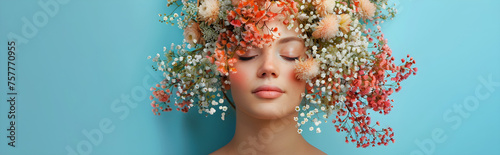 Surreal abstract woman portrait with flowers over head on blue background, concept of environmental friendliness and naturalness of cosmetic products, summer vibes.
