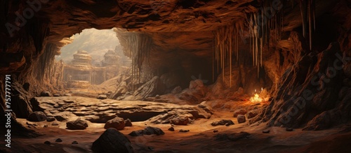 A man is seated in a natural cave with a flickering candle, surrounded by bedrock and rock formations, feeling the heat and darkness, witnessing the effects of erosion on the landscape