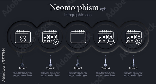 Calendar icon set. Cross, checkmark, bell, gear, options, change. Neomorphism style. Vector line icon for business and advertising