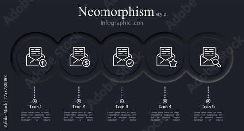Message icon set. Envelope, text, letter, sending, dollar, tick, asterisk, magnifying glass, stamp. Neomorphism style. Vector line icon for business and advertising