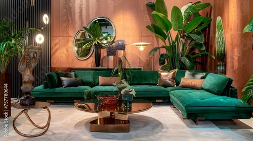 Emerald Green Velvet Sofa in Art Deco Living Room with Copper Accents and Lush Plants