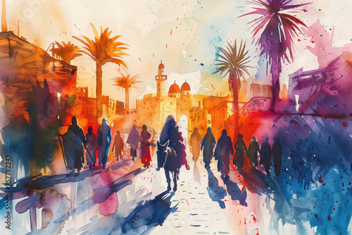 Colorful watercolor of Jesus riding a donkey to Jerusalem, palm sunday