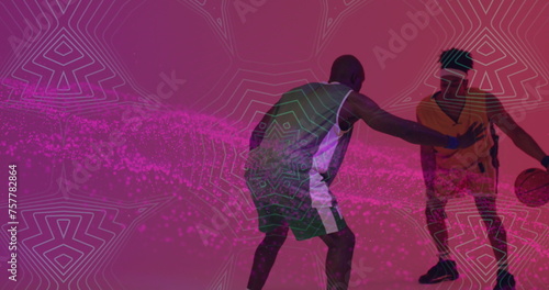 Image of pink mesh and data processing over diverse basketball players