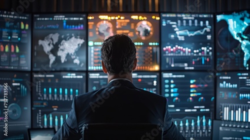 A corporate leader analyzing financial data on multiple screens