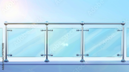 Horizontal transparent acrylic handrail for terrace guardrail and fence. Realistic modern illustration set of horizontal glass banisters with plexiglass panels and metal tubular beams.