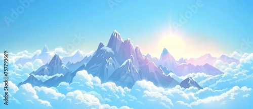 Rock mounts on top of high rocky peaks. Snowy stone hilltop above haze against blue sky with bright sun. Cartoon modern illustration of panoramic aerial landscape.