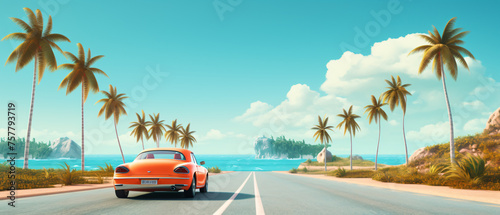 Road with car sea and palms. Summer travel concept. 
