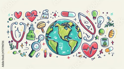 Hand drawn comic doodle style earth, heart, stethoscope, pill concept for World Health Day, 7 April. Design for banner, campaign, social media posts, etc.