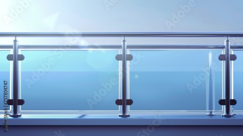 Realistic modern of plexiglass paneled and metal tubular beam fastened stairway guardrail. Transparent acrylic barrier. Aside from the balcony or terrace fence, there is a realistic modern set of