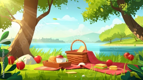 Cartoon summer landscape with outdoor lunch and relax concept showing wicker basket with food, red blanket on green grass with coffee, sandwich, and fruit on lake shore under trees.